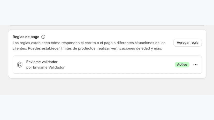 Regla address-validation activada en Reglas de pago de Shopify