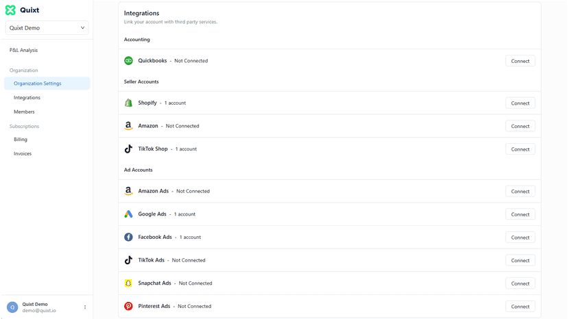 Quixt integrations list showing platforms available to connect
