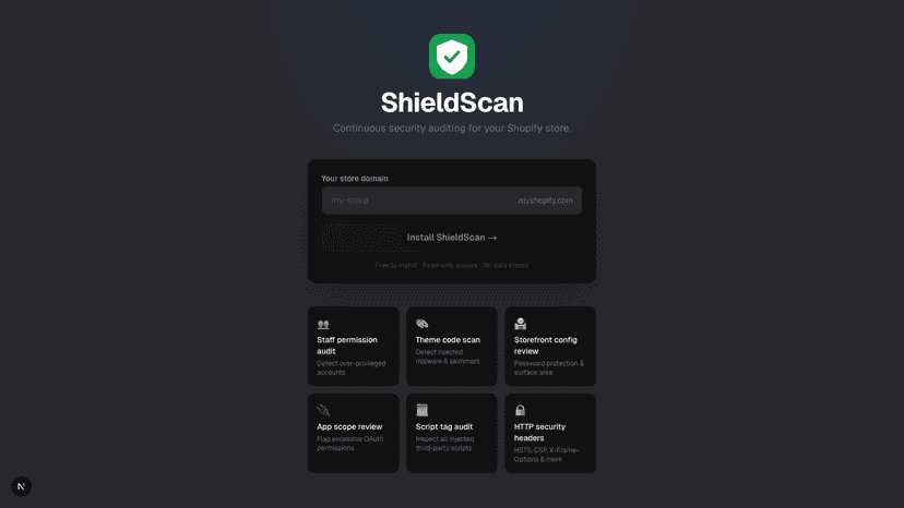 Shieldscan Install page — hero, feature grid.