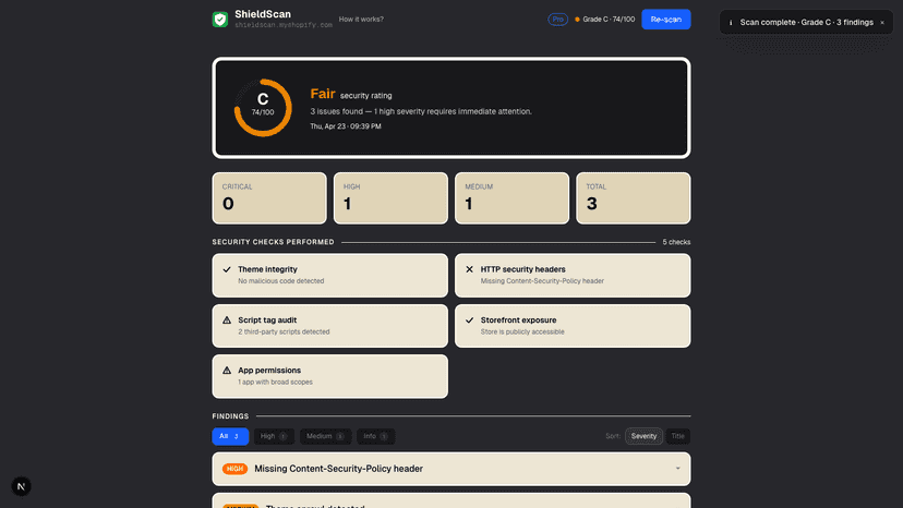 Shieldscan Security score ring, checks grid, findings list.