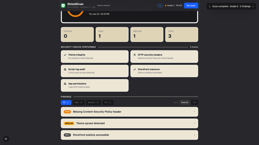 Shieldscan Full findings view — HIGH/MEDIUM/INFO rows