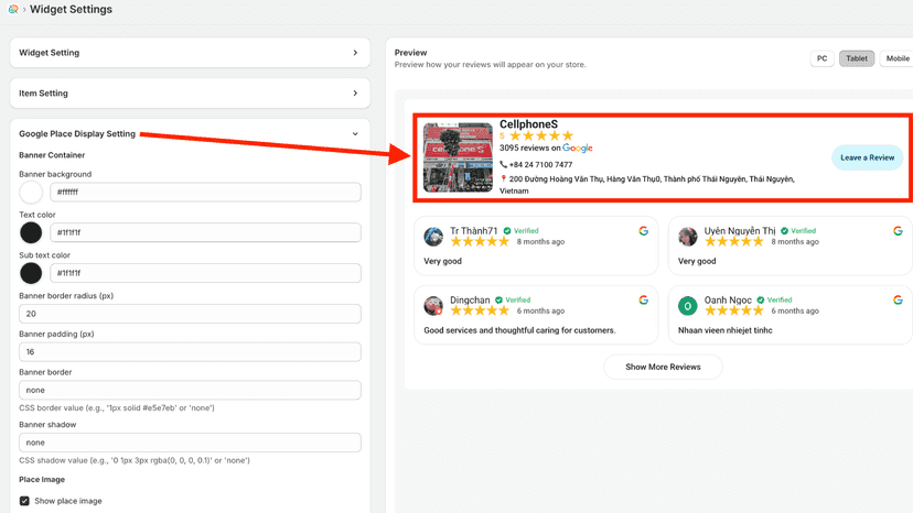 Google Reviews by Ryviu - Place settings