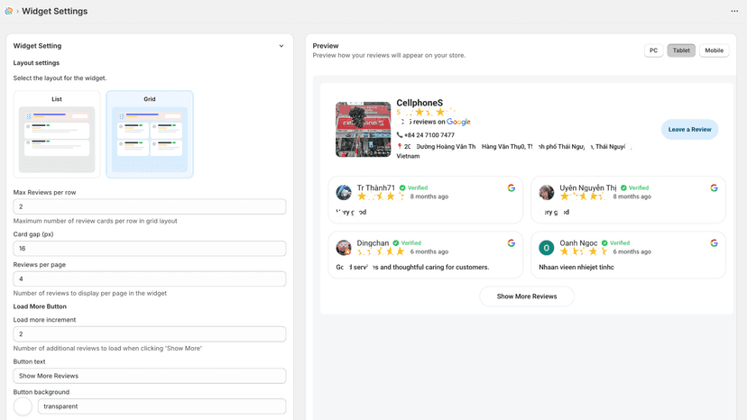 Google Reviews by Ryviu - Widget settings