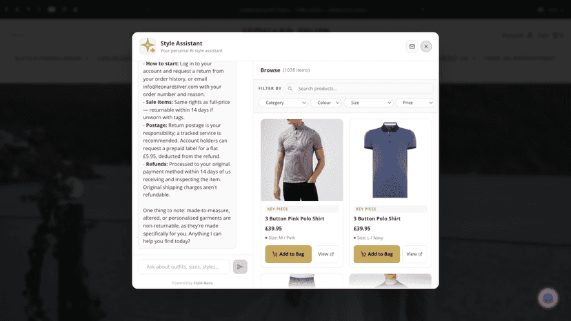 AI stylist answering returns policy from store's own pages