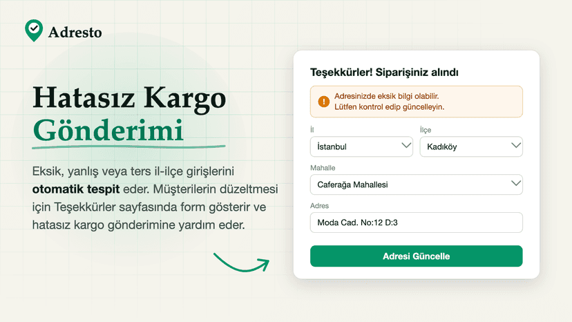 Teşekkür sayfasında il, ilçe ve mahalle seçimli adres düzeltme f