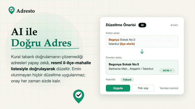 Eksik ilçenin yapay zeka ile tamamlandığı adres düzeltme önerisi