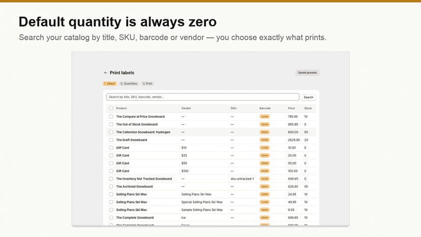 Product list with print quantity defaulting to zero per variant