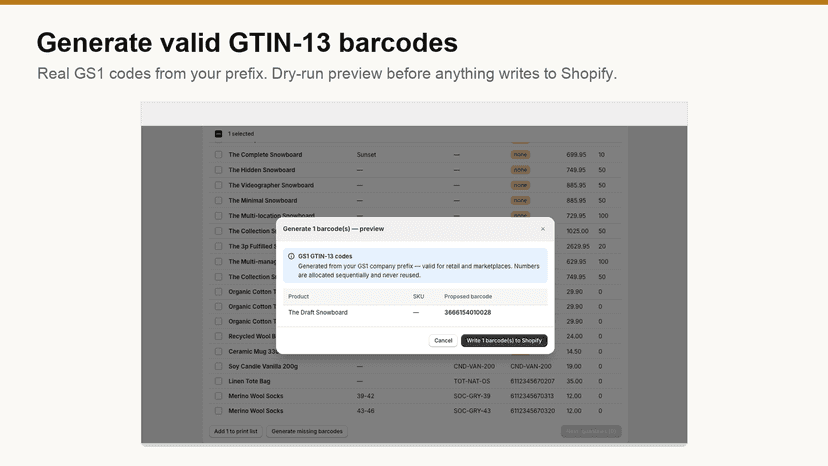 Generate valid GTIN-13 barcodes with a dry-run preview
