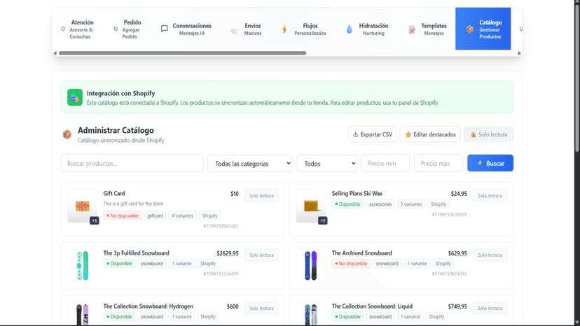 Acceso a catálogo en tiempo real de shopify