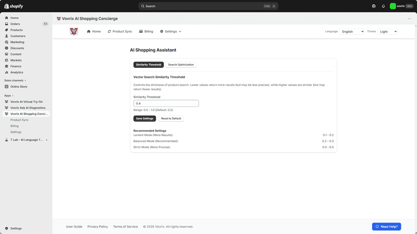 Vector search threshold settings for AI product recommendations