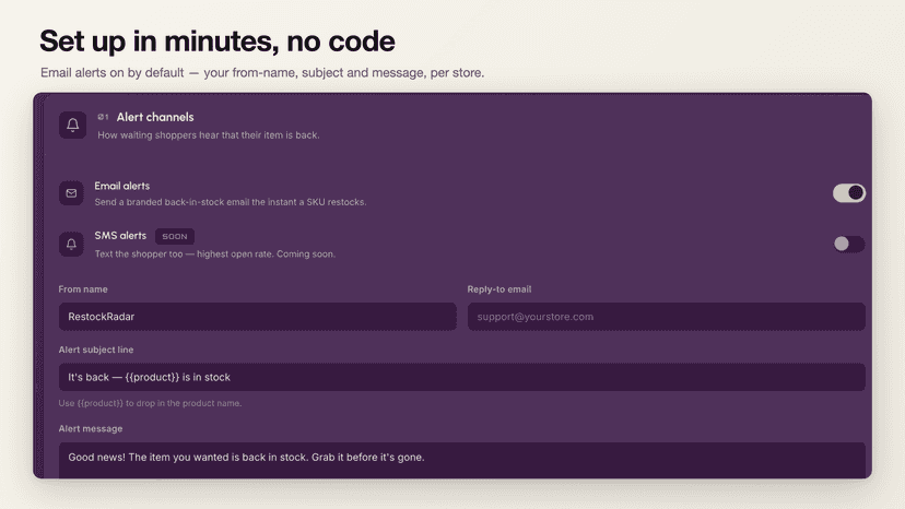 Settings with email alert channels and templates