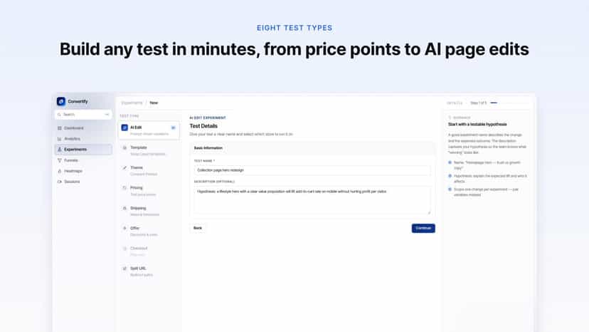 Experiment builder with eight test types