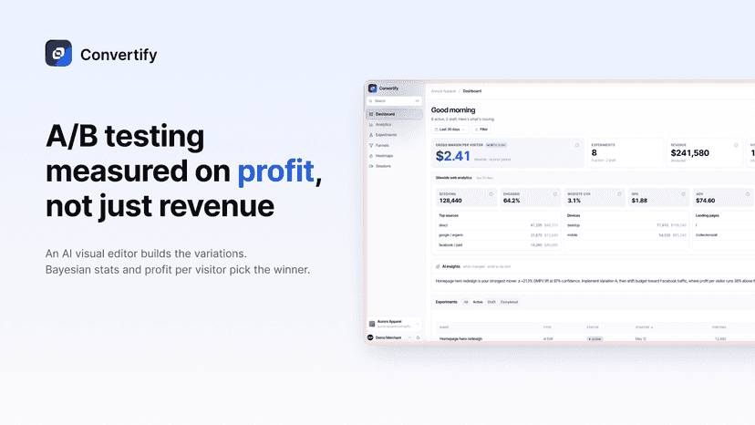 Convertify A/B testing measured on profit per visitor