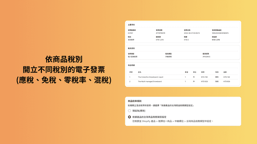 依商品稅別開立不同的電子稅別的電子發票(應稅、免稅、零稅率、混稅)