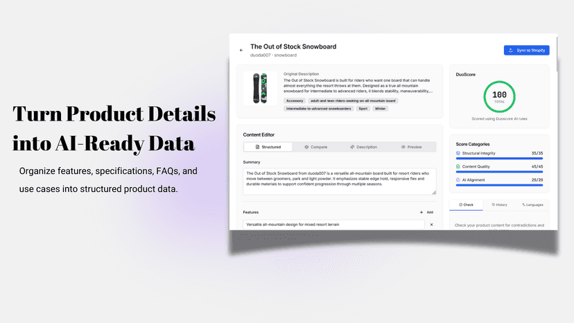 Product details organized into structured data fields