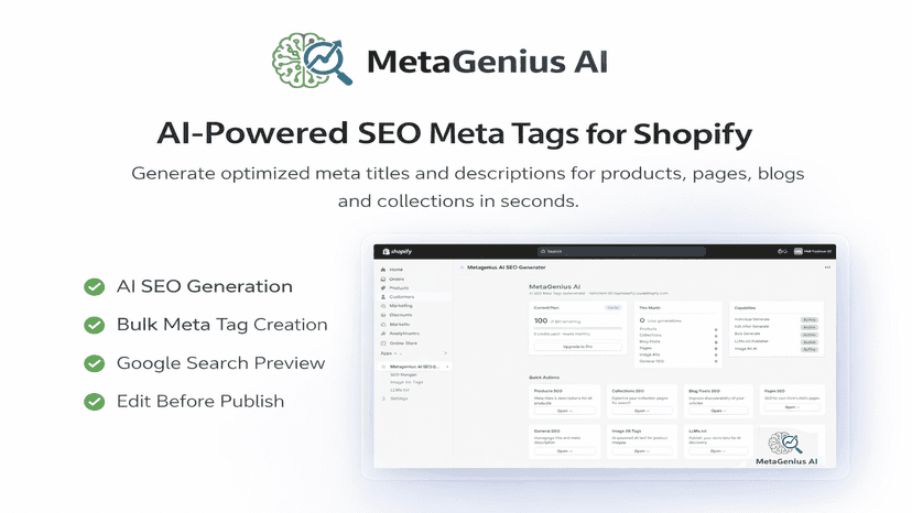 MetaGenius AI Shopify app dashboard generating SEO meta titles a
