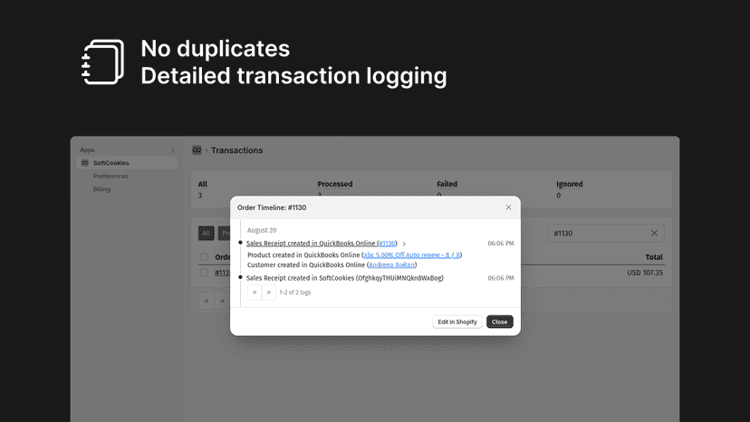 Screenshot of no duplicates—detailed transaction logging