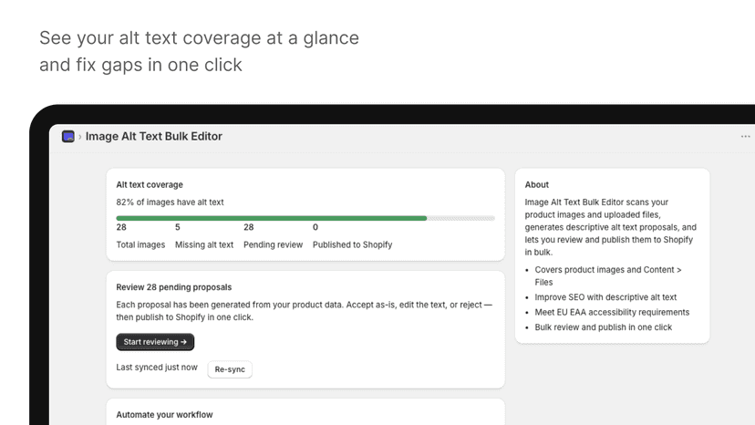 See your alt text coverage at a glance and fix gaps in one click