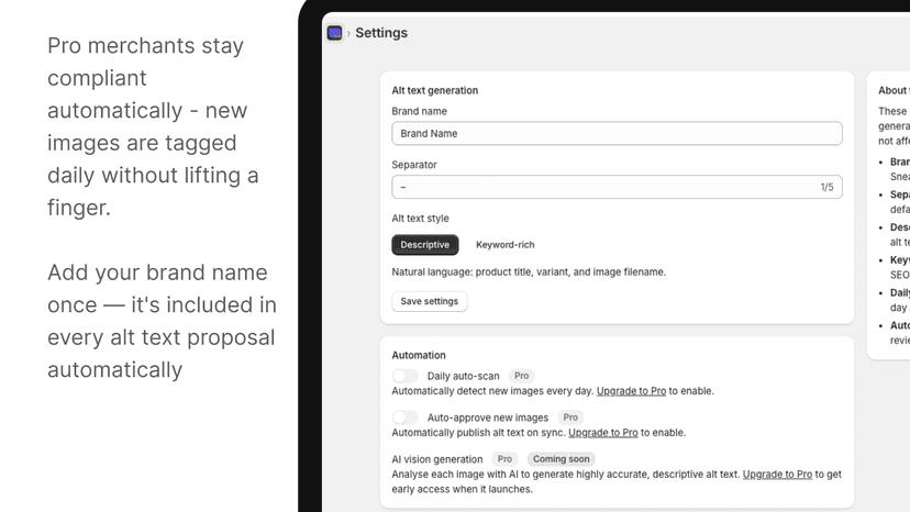 Add your brand name – included in every alt text proposals