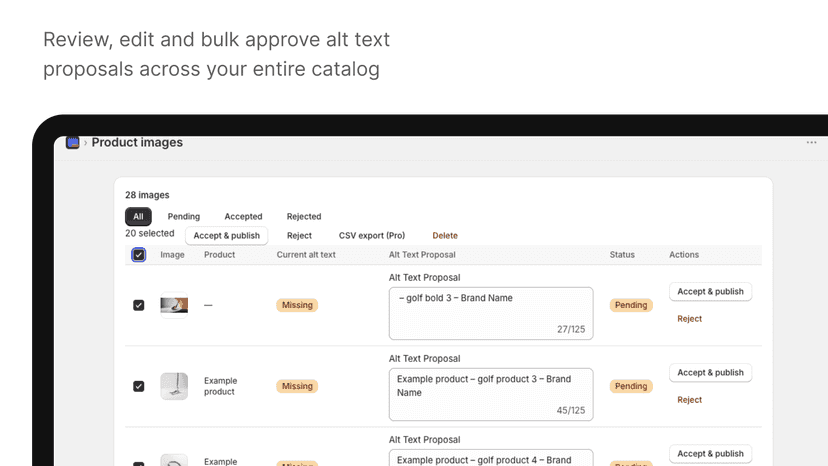 Review, edit and bulk approve alt text proposals across your ent
