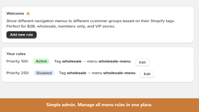 Simple admin. Manage all menu rules in one place.