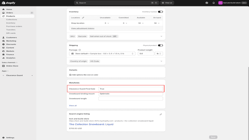 Product page where you just toggled the "Clearance Guard" checkb