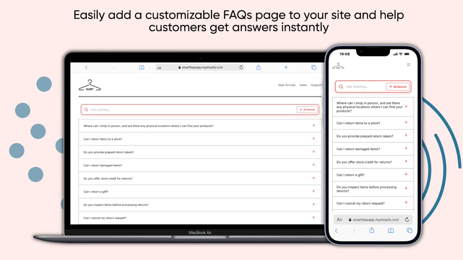 FAQs page showing how the Smart FAQs widget looks.