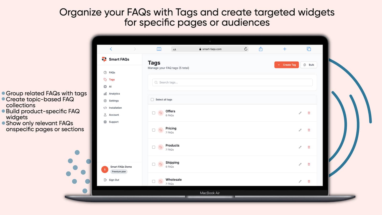 Tags page with organized FAQ categories and counts.