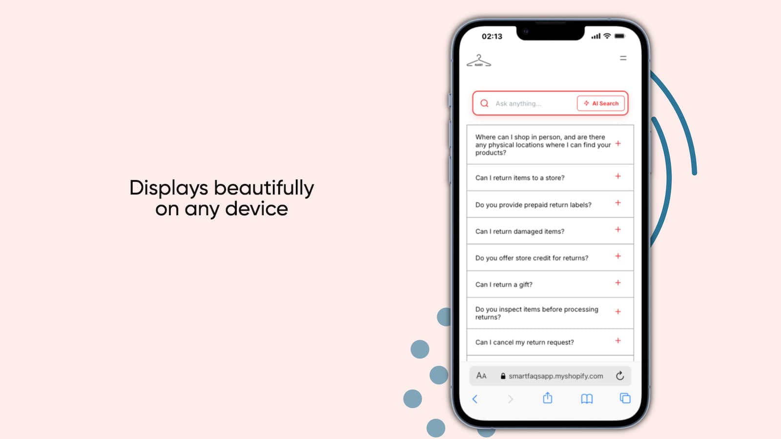 FAQ page displaying how the FAQ widget looks on a mobile device.
