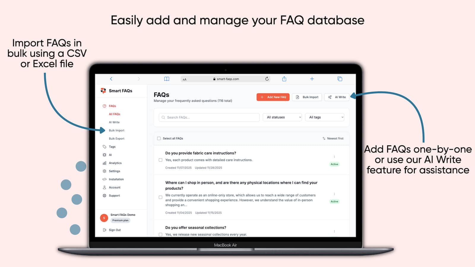 FAQ management page with bulk import and AI Write options.