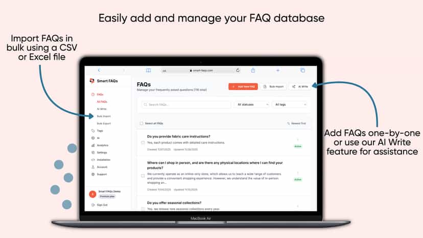 FAQ management page with bulk import and AI Write options.