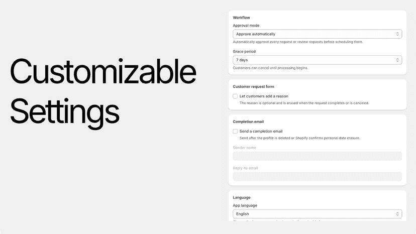 Settings for approval, cancellation period, email, and language