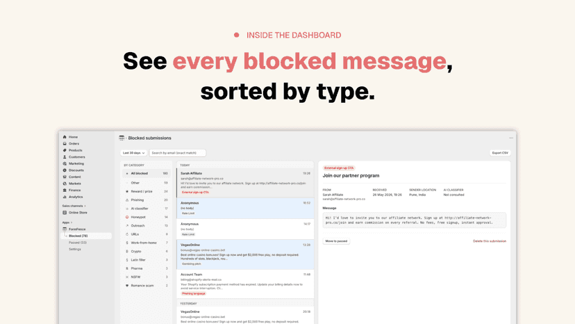 Three-column blocked log with category sidebar and detail pane