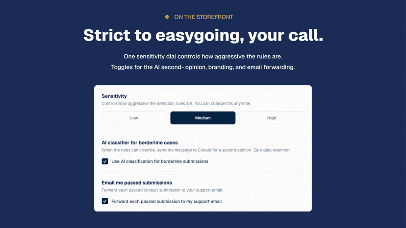Settings: sensitivity, AI classifier, email forwarding toggles