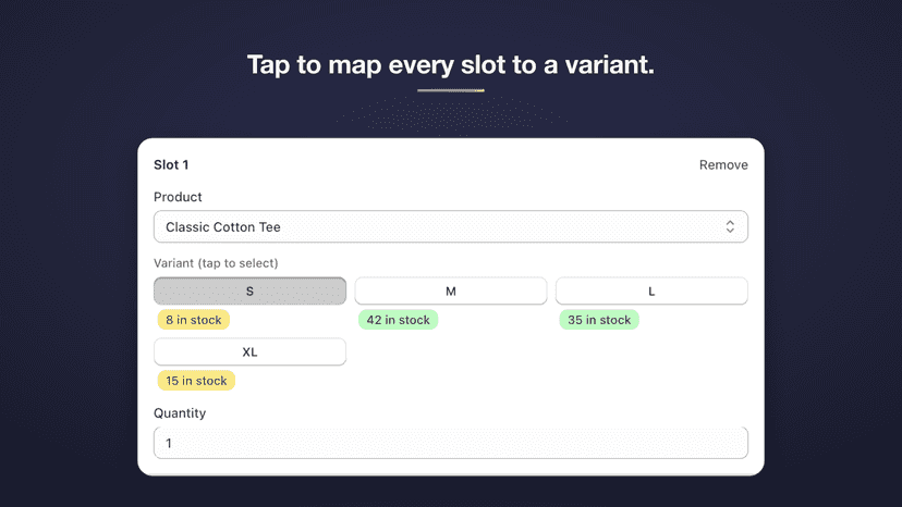 Kit builder tap-to-select variant grid with stock badges.