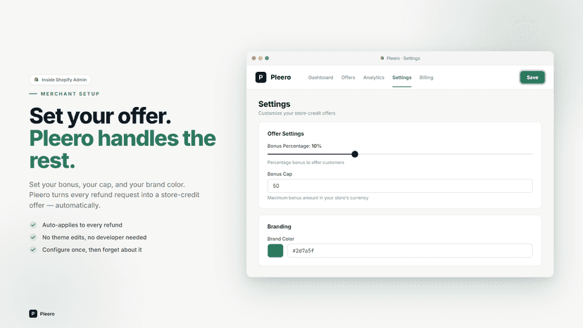 Settings page to configure bonus percentage and brand color