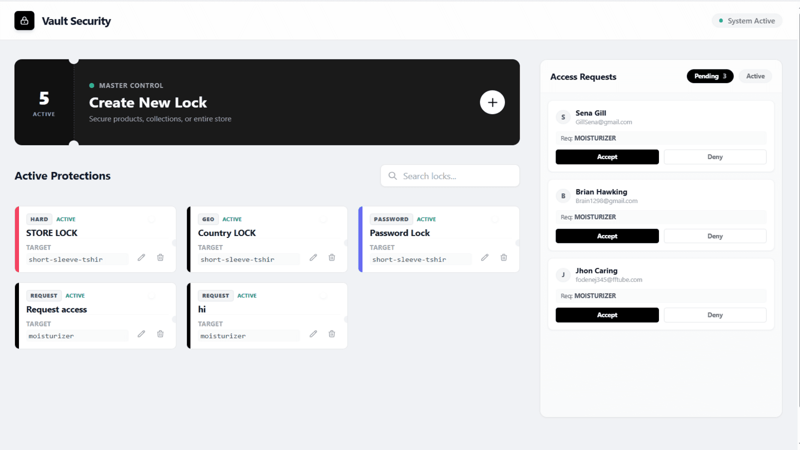 Dashboard Vault Guard - B2B Advanced lock