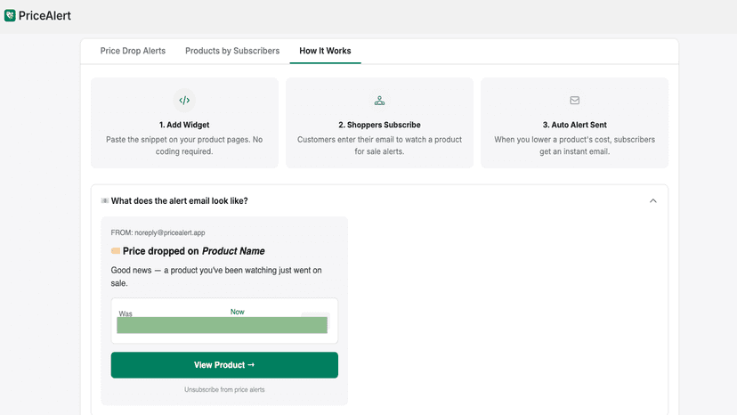 Price drop alert dashboard with email preview.