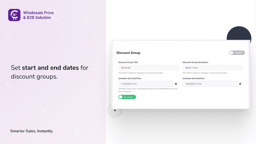 Set start and end dates for wholesale discount groups