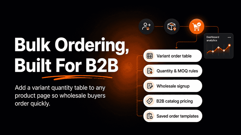 Bulk ordering app promo showing B2B features including a variant