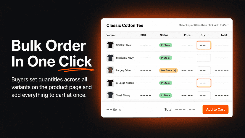 Variant order table for a T-shirt product with multiple sizes an