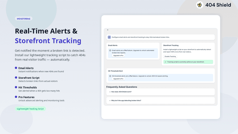 404 Shield email alerts and storefront tracking setup