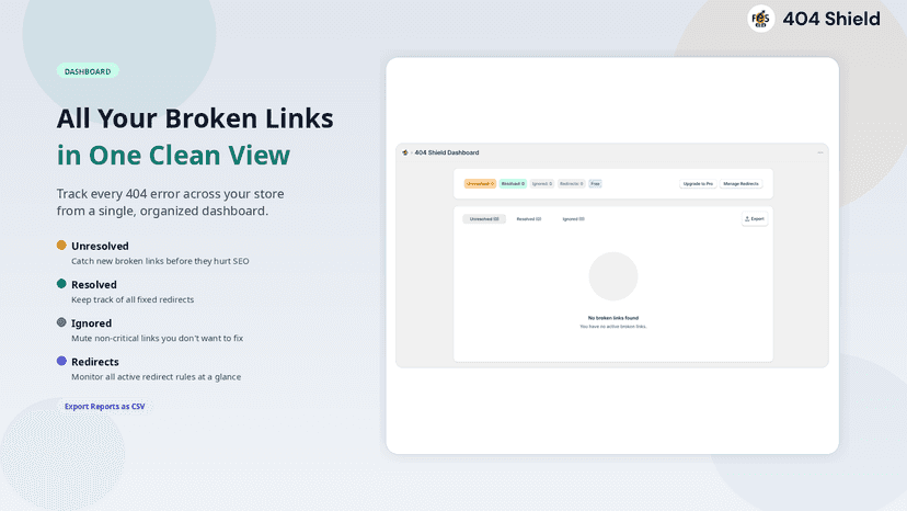 404 Shield dashboard tracking broken and fixed links