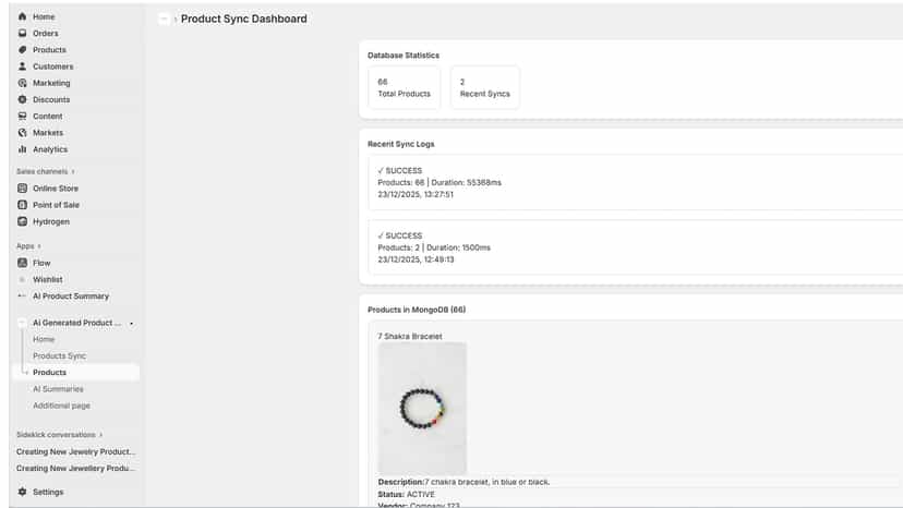 Product sync dashboard showing stored Shopify product data