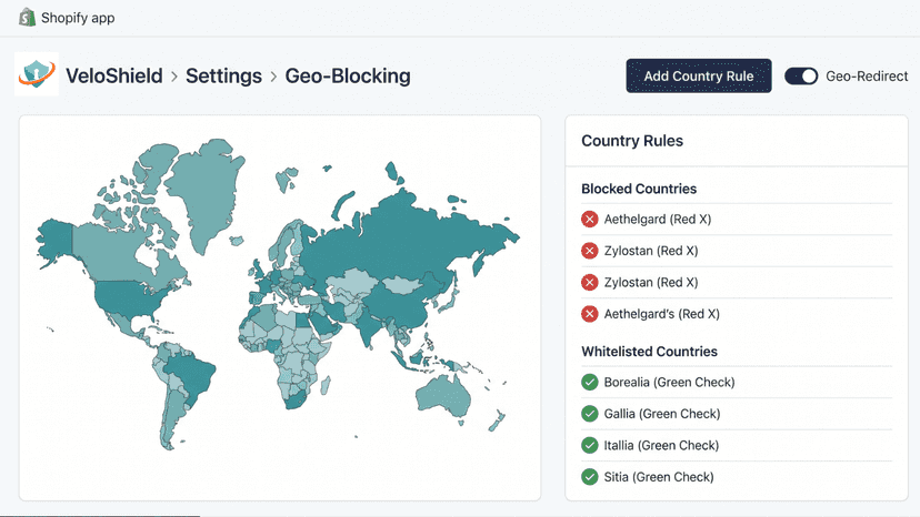Geo-blocking settings with world map and country rule list