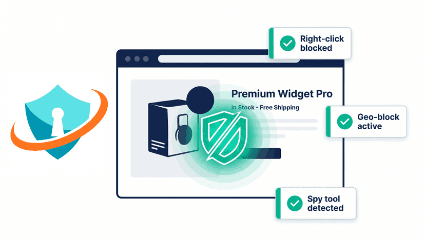 VeloShield blocking content theft on a live Shopify storefront