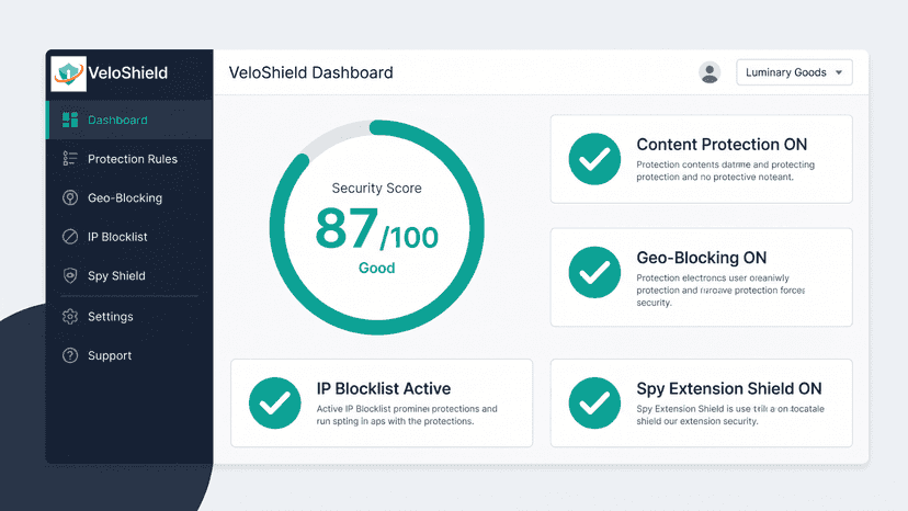 Security score dashboard with active protection status cards