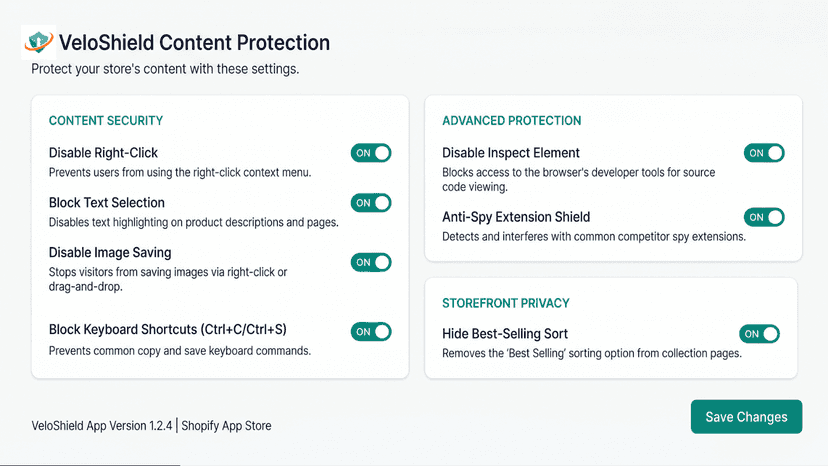 Content protection toggles for right-click, copy, spy blocking