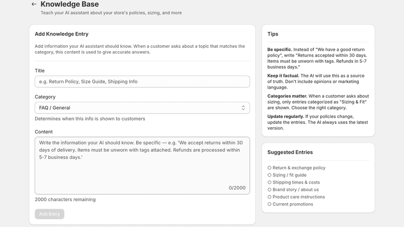 Knowledge base editor to teach the AI your store policies