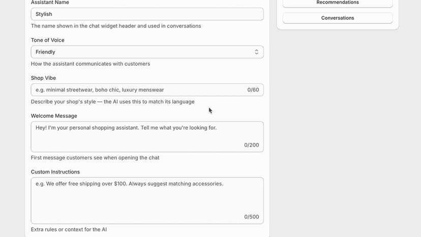 Configure assistant name, tone, vibe, and welcome message